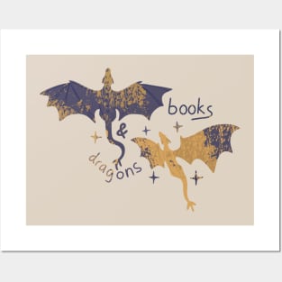 Books and dragons abstract golden blue design for fantasy readers vintage Posters and Art